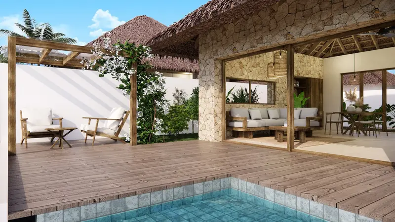 The deck and pool of a Kabisu villa